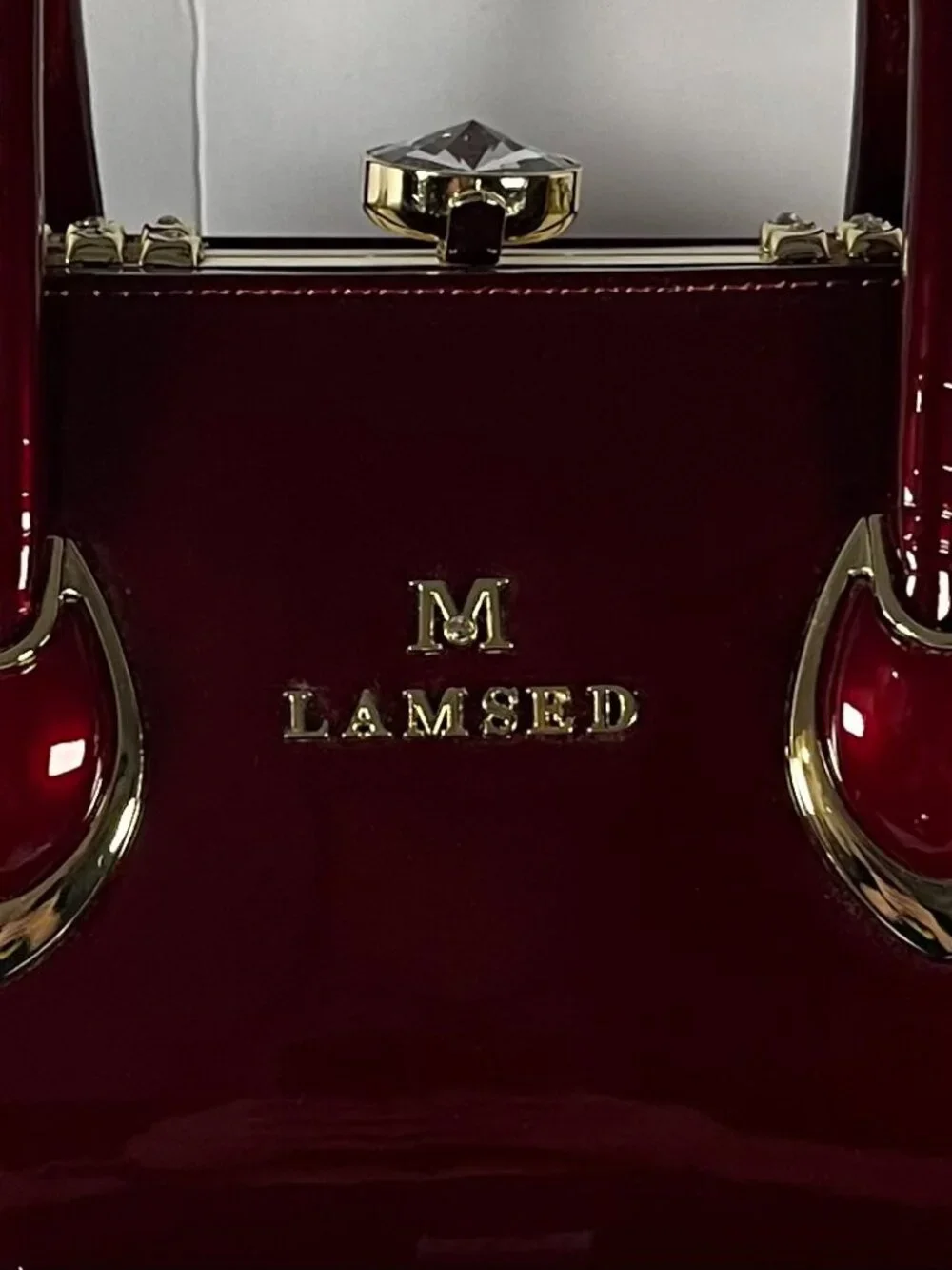 NWT/M-Lamsed Red Patent Gold Chain Bag – Glam Faux Diamond Clasp Purse